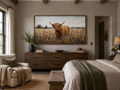 Highland Cow in Wildflower Meadow Wall Art - Rustic Farmhouse Canvas Print