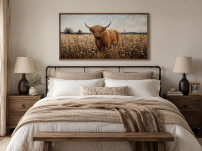Highland Cow in Wildflower Meadow Wall Art - Rustic Farmhouse Canvas Print