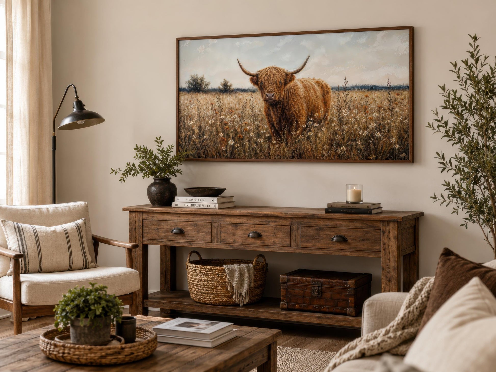 Highland Cow in Wildflower Meadow Wall Art - Rustic Farmhouse Canvas Print
