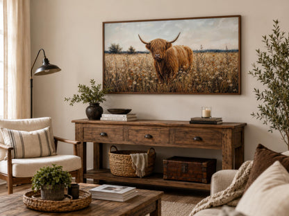 Highland Cow in Wildflower Meadow Wall Art - Rustic Farmhouse Canvas Print
