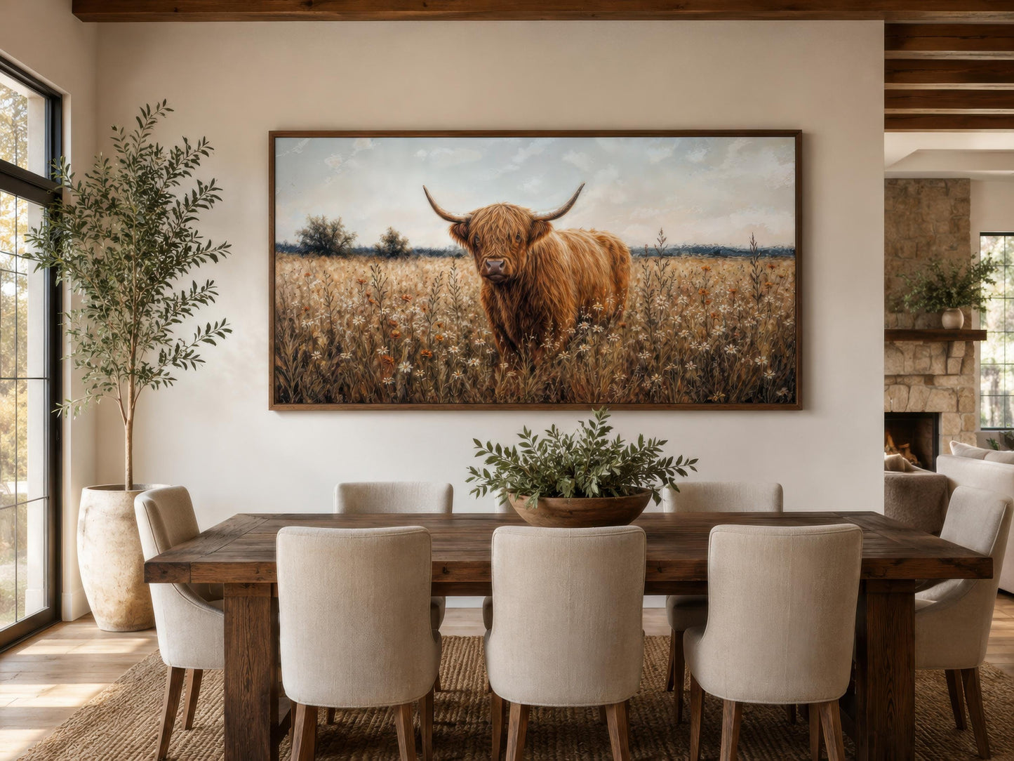 Highland Cow in Wildflower Meadow Wall Art - Rustic Farmhouse Canvas Print