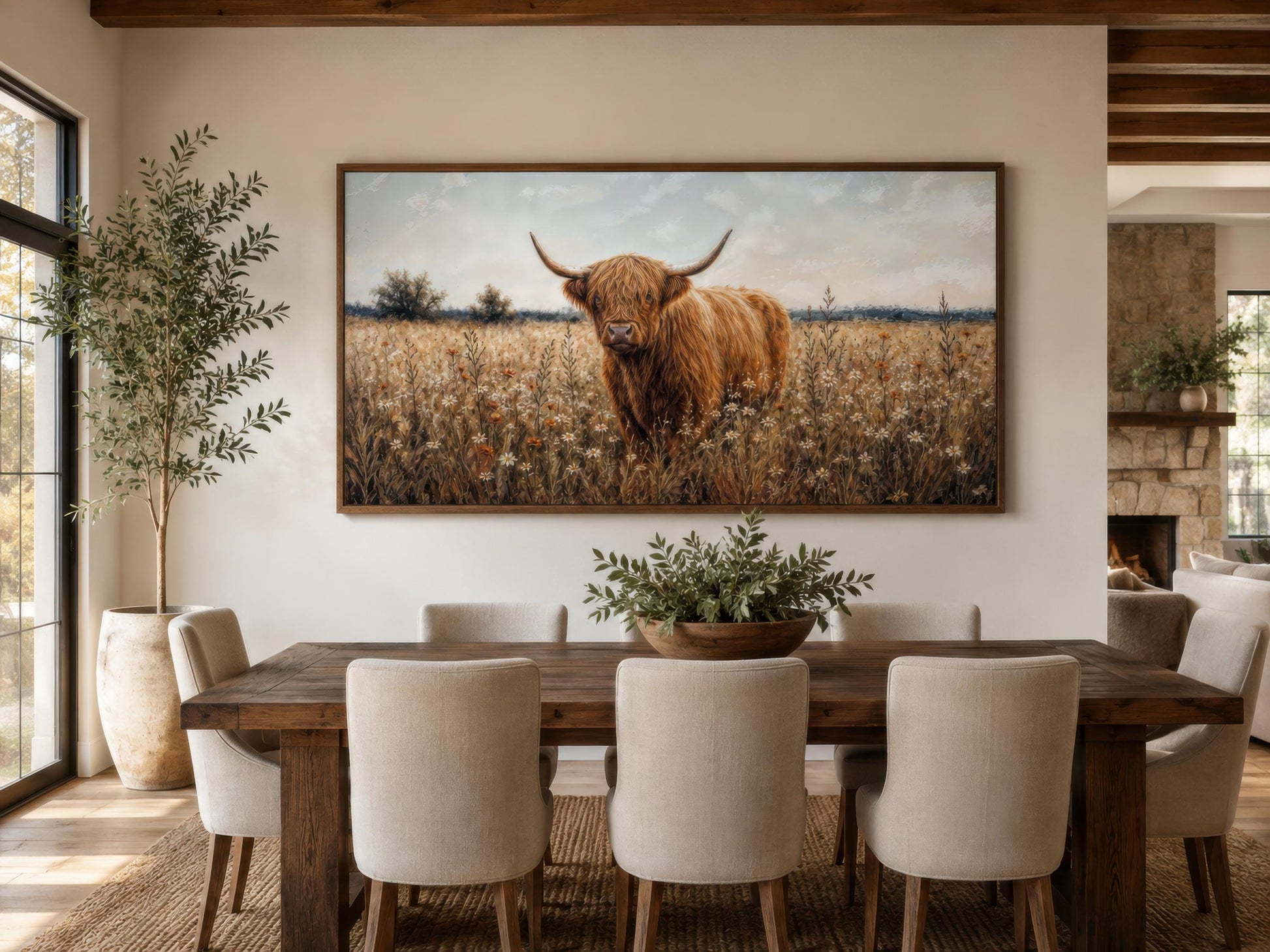 Highland Cow in Wildflower Meadow Wall Art - Rustic Farmhouse Canvas Print