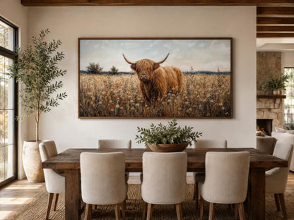 Highland Cow in Wildflower Meadow Wall Art - Rustic Farmhouse Canvas Print