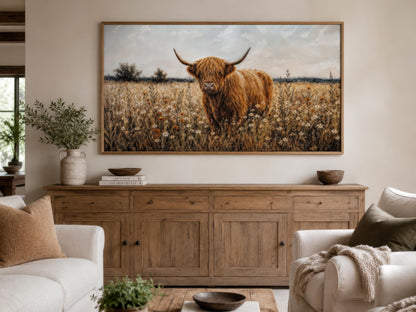 Highland Cow in Wildflower Meadow Wall Art - Rustic Farmhouse Canvas Print