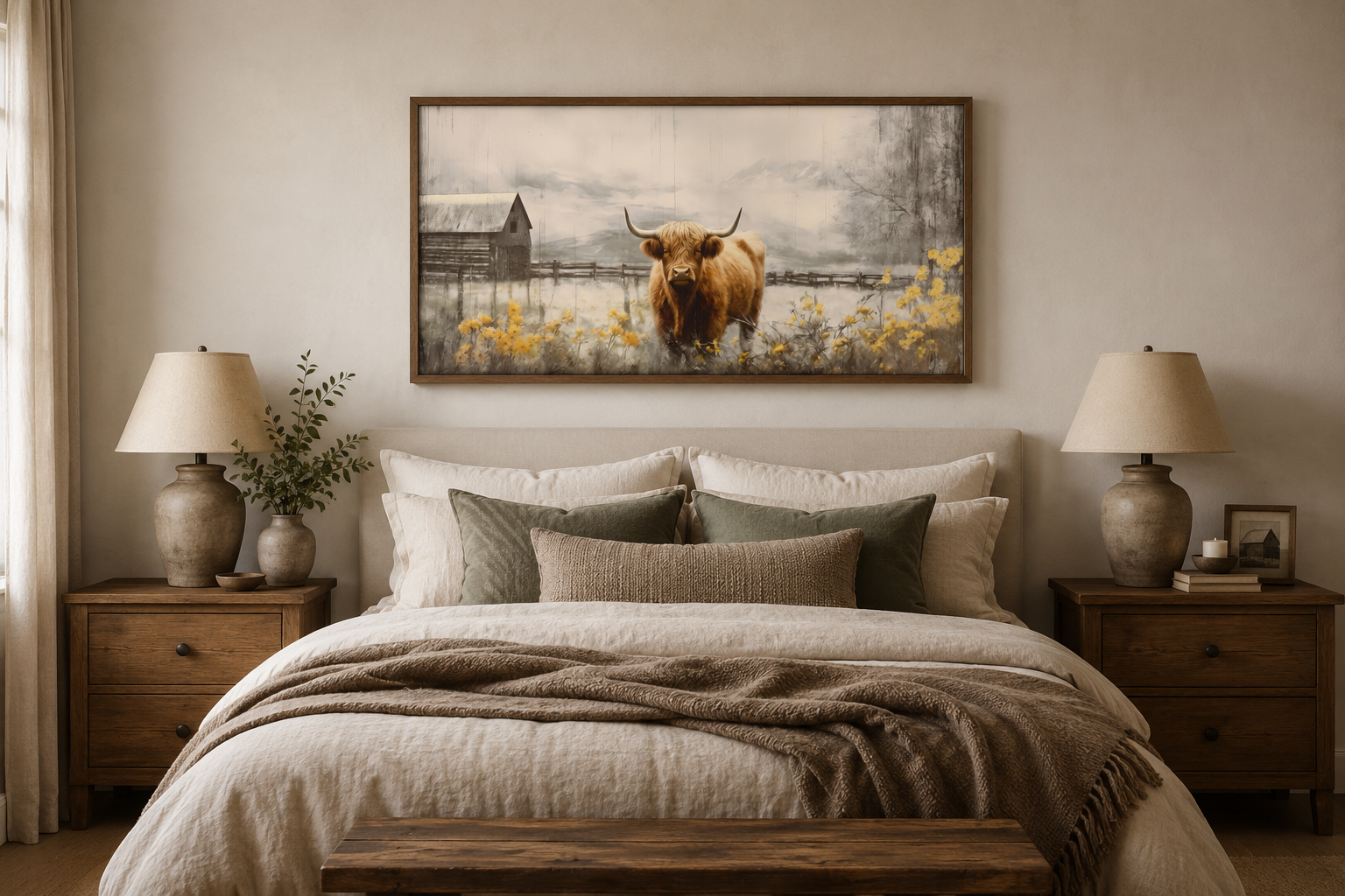 Highland Cow Wall Art – Framed Rustic Farmhouse Canvas Decor for Country Living