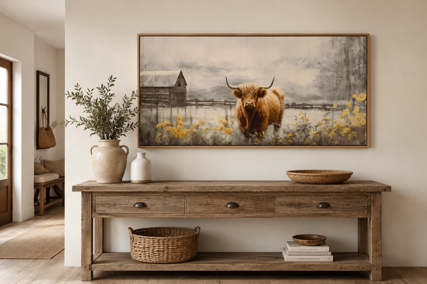 Highland Cow Wall Art – Framed Rustic Farmhouse Canvas Decor for Country Living