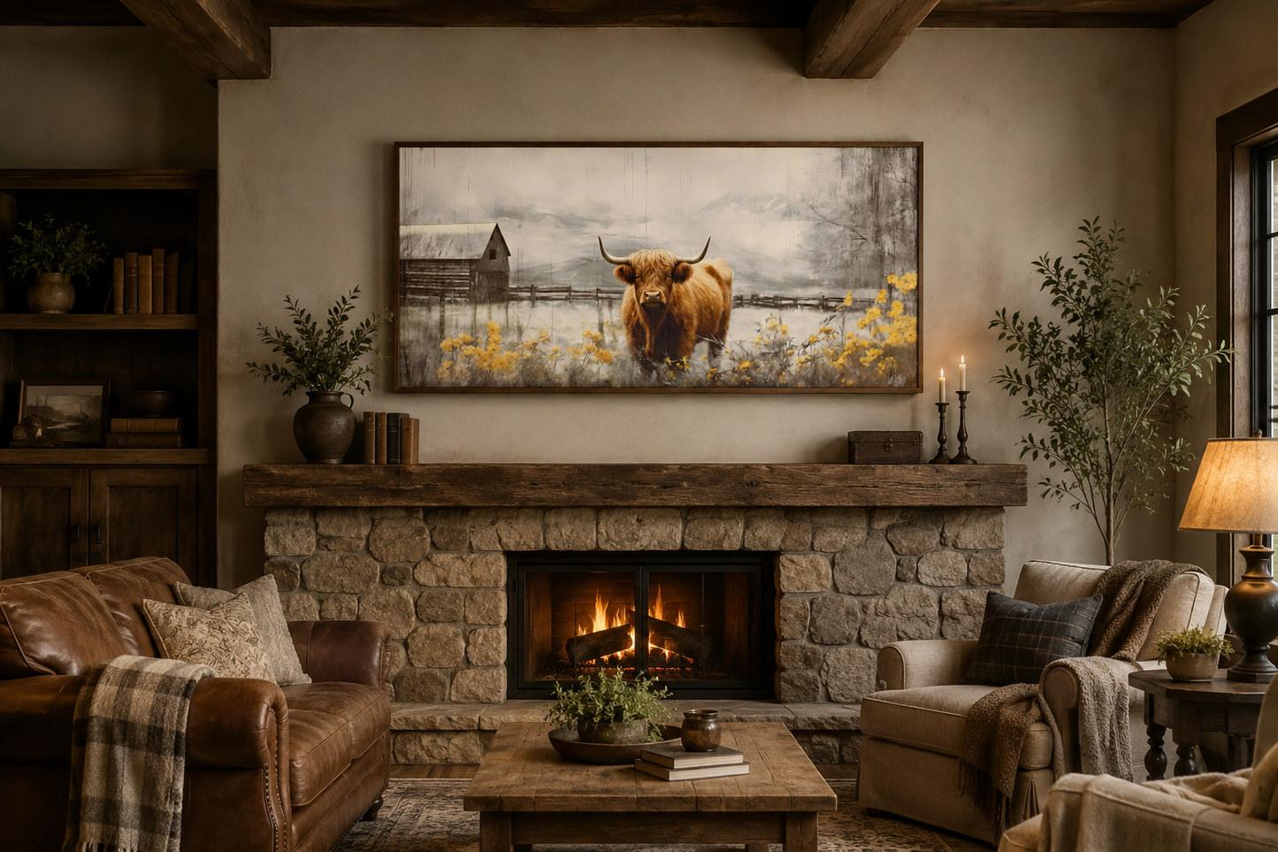 Highland Cow Wall Art – Framed Rustic Farmhouse Canvas Decor for Country Living