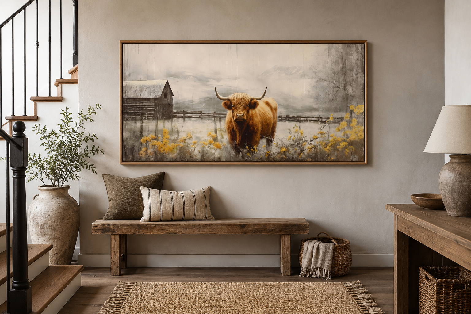 Highland Cow Wall Art – Framed Rustic Farmhouse Canvas Decor for Country Living