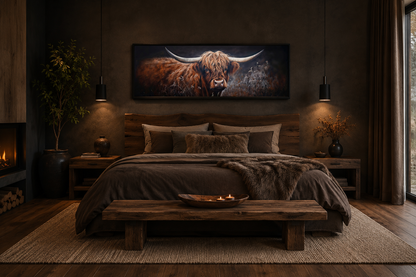 Dark Highland Cow In Grass Long Horizontal Canvas Wall Art Farmhouse Above Couch Decor