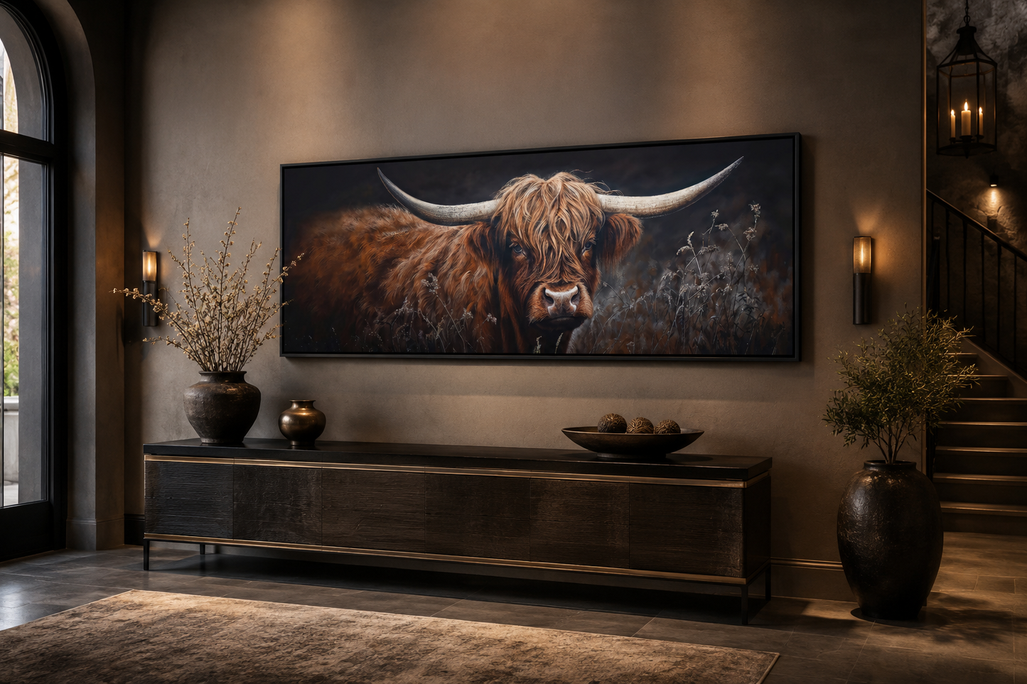 Dark Highland Cow In Grass Long Horizontal Canvas Wall Art Farmhouse Above Couch Decor