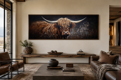 Dark Highland Cow In Grass Long Horizontal Canvas Wall Art Farmhouse Above Couch Decor