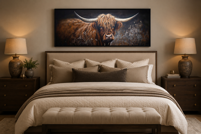 Dark Highland Cow In Grass Long Horizontal Canvas Wall Art Farmhouse Above Couch Decor