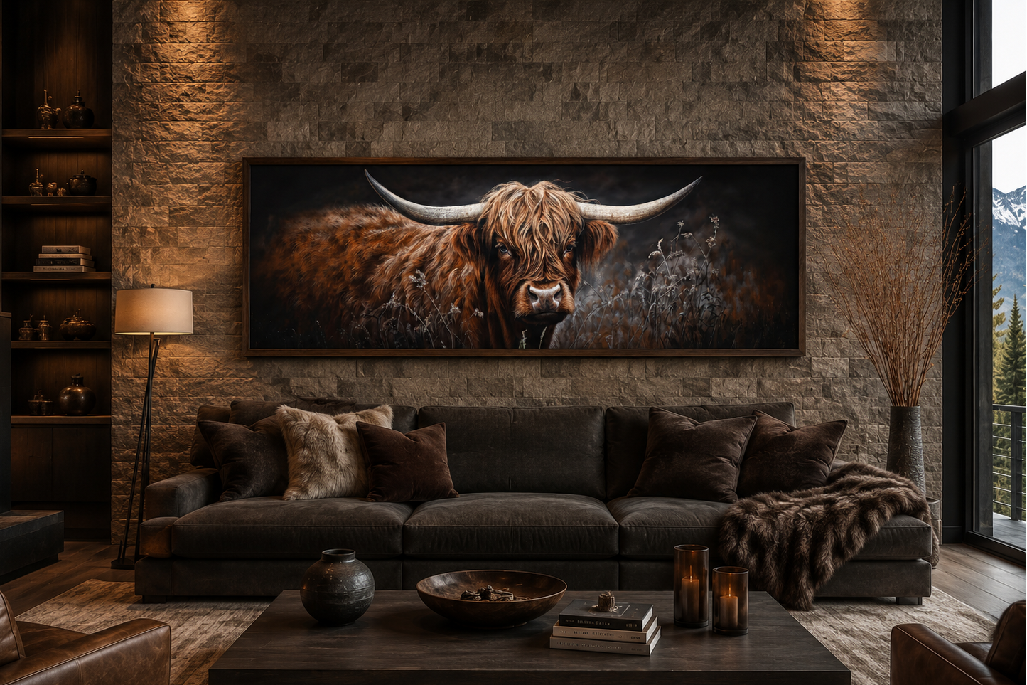 Dark Highland Cow In Grass Long Horizontal Canvas Wall Art Farmhouse Above Couch Decor