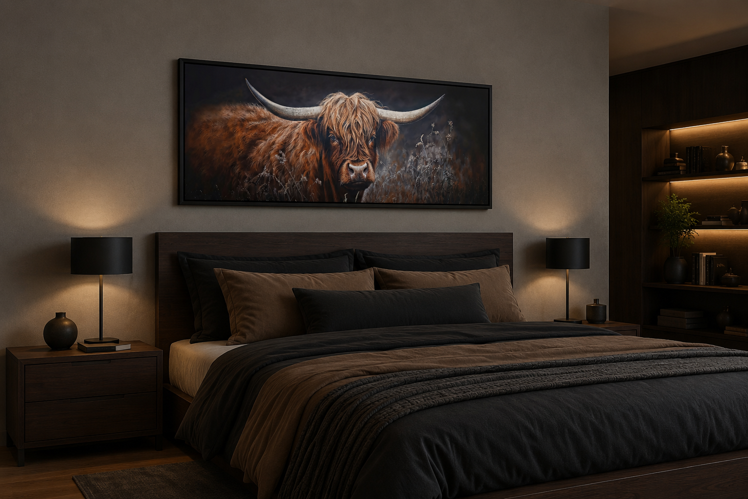 Dark Highland Cow In Grass Long Horizontal Canvas Wall Art Farmhouse Above Couch Decor