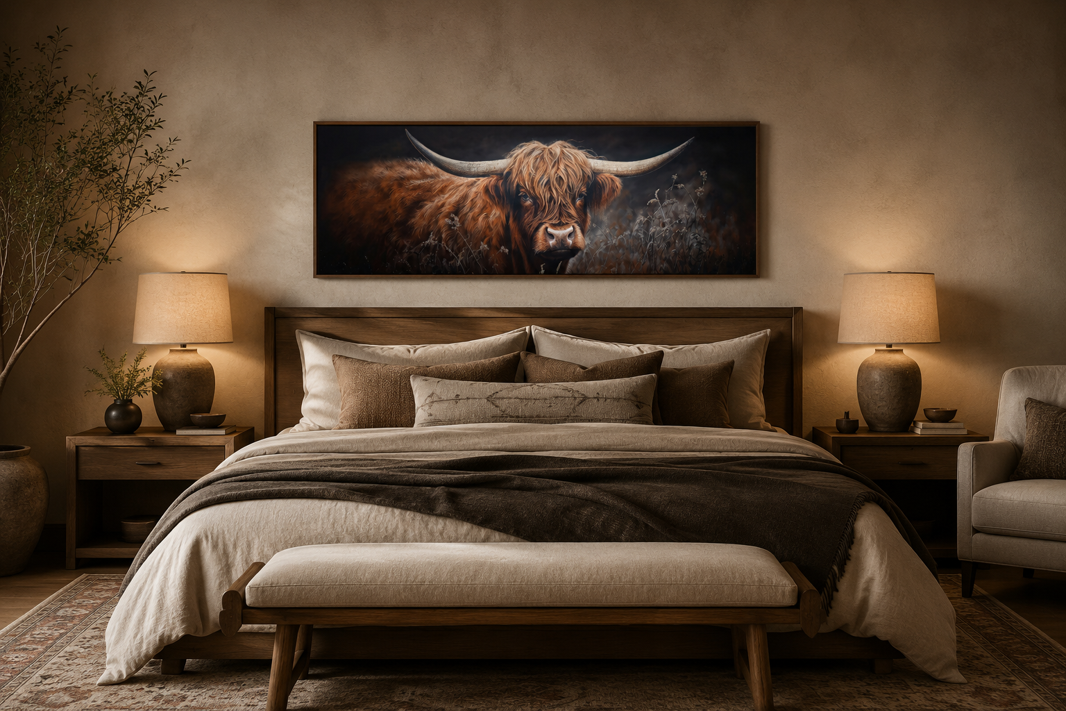 Dark Highland Cow In Grass Long Horizontal Canvas Wall Art Farmhouse Above Couch Decor