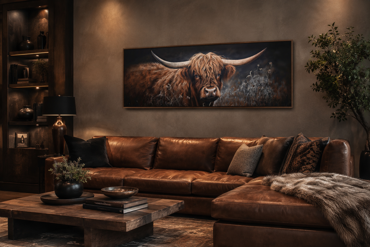 Dark Highland Cow In Grass Long Horizontal Canvas Wall Art Farmhouse Above Couch Decor