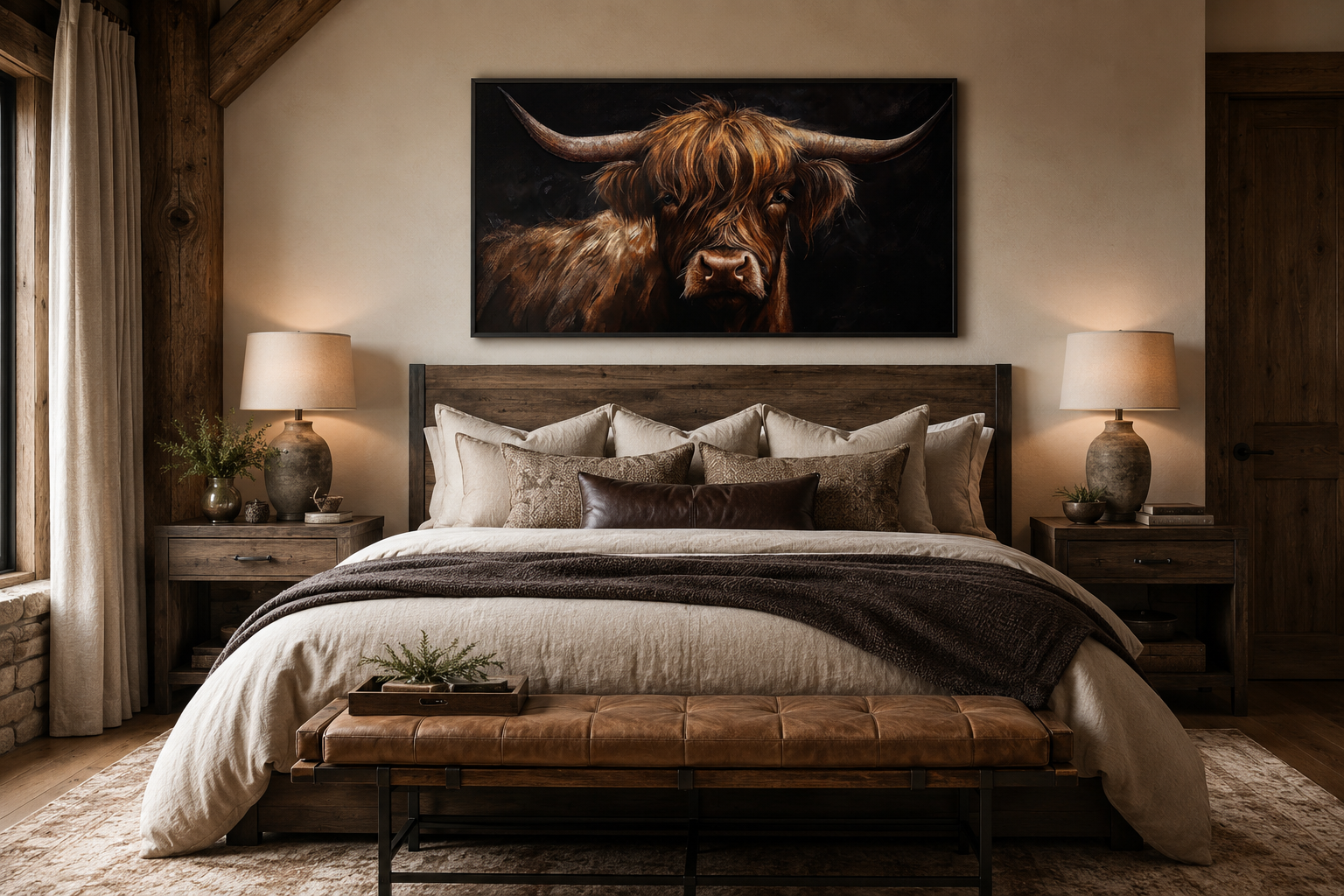 Highland Cow On Black Background Framed Canvas Wall Art Dark Farmhouse Decor