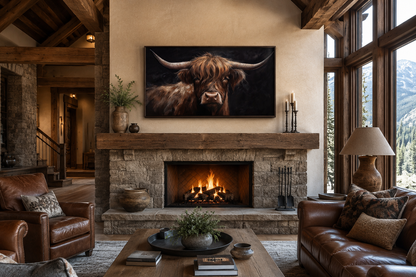 Highland Cow On Black Background Framed Canvas Wall Art Dark Farmhouse Decor