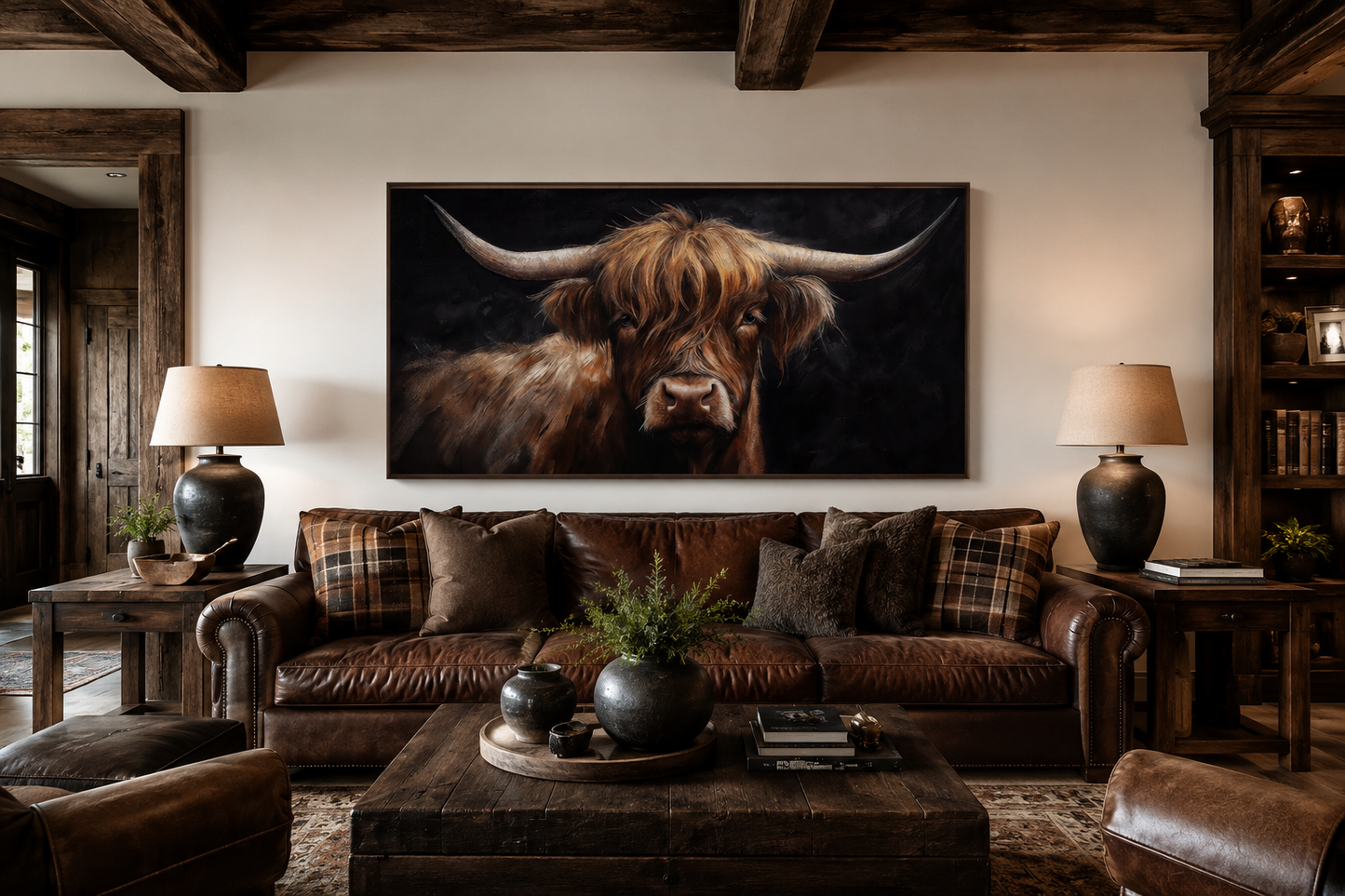 Highland Cow On Black Background Framed Canvas Wall Art Dark Farmhouse Decor