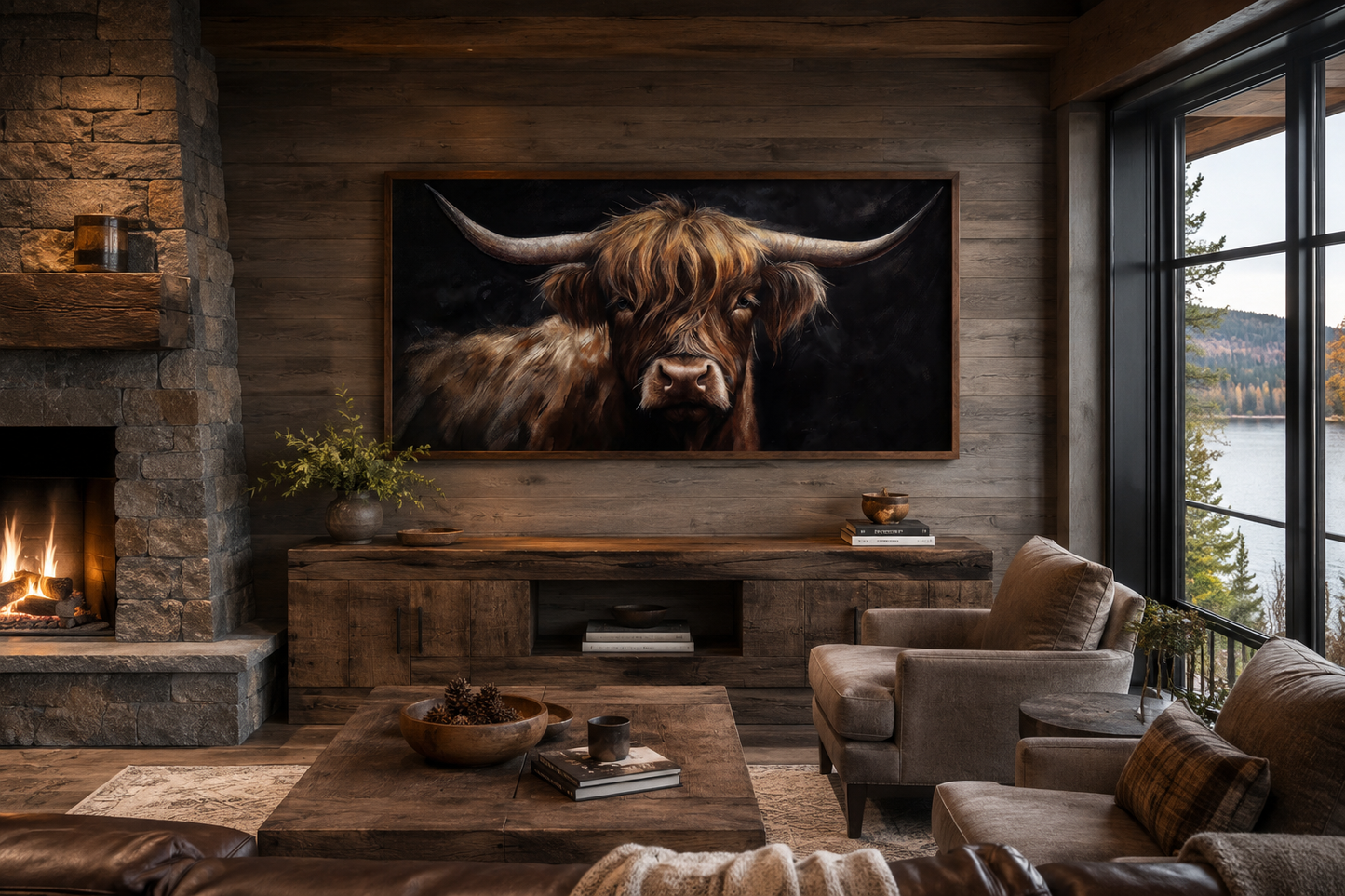 Highland Cow On Black Background Framed Canvas Wall Art Dark Farmhouse Decor