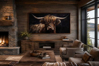Highland Cow On Black Background Framed Canvas Wall Art Dark Farmhouse Decor