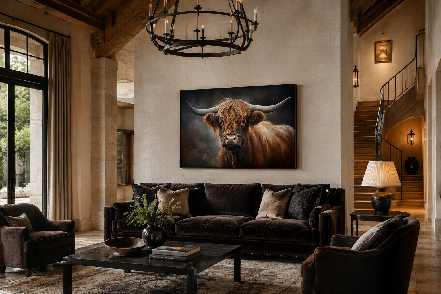 Dark Beautiful Highland Cow Framed Canvas Wall Art