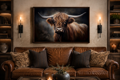 Dark Beautiful Highland Cow Framed Canvas Wall Art