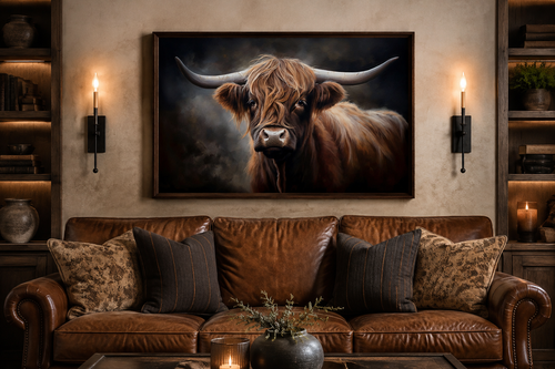 Dark Beautiful Highland Cow Framed Canvas Wall Art
