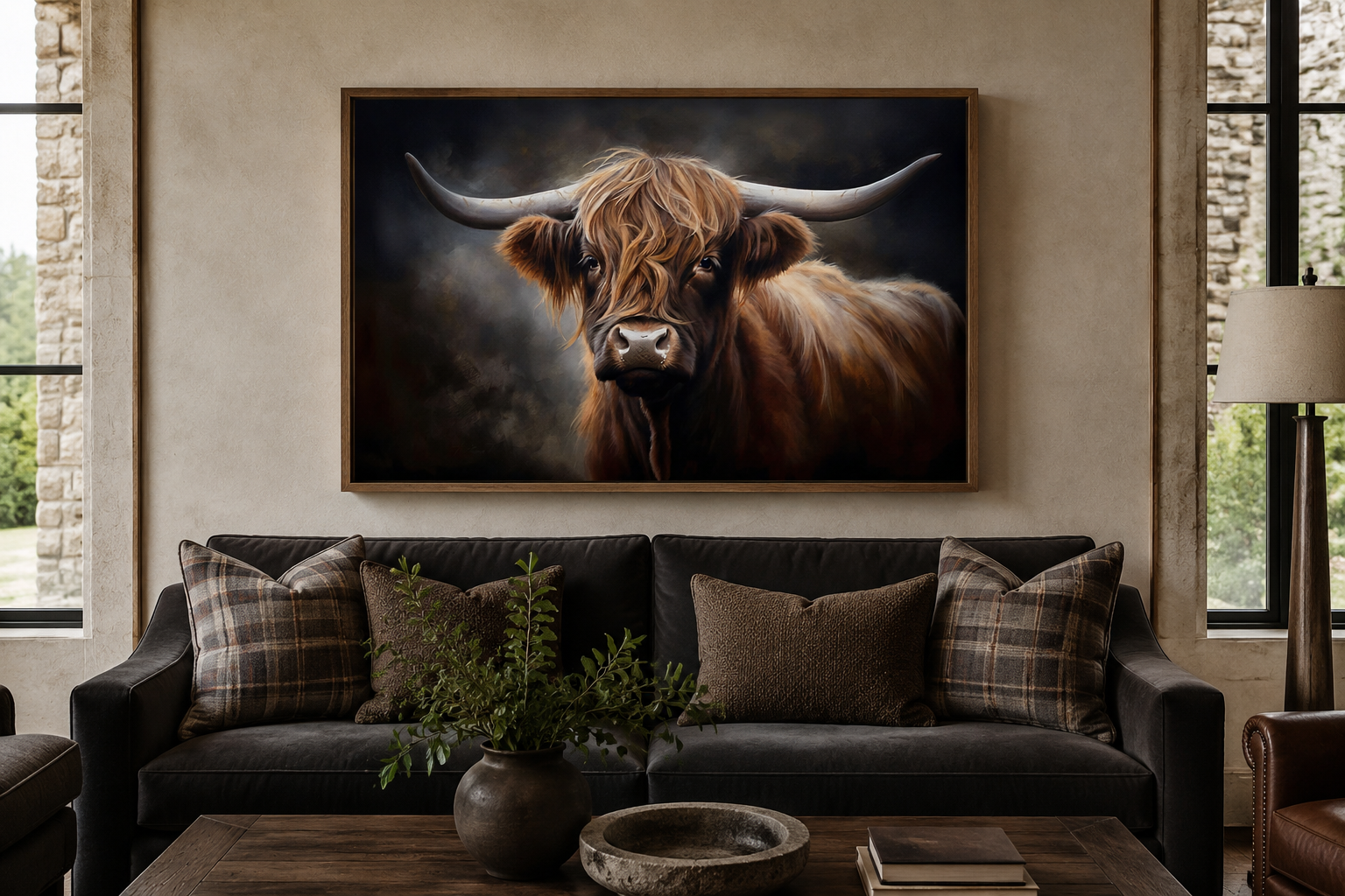 Dark Beautiful Highland Cow Framed Canvas Wall Art