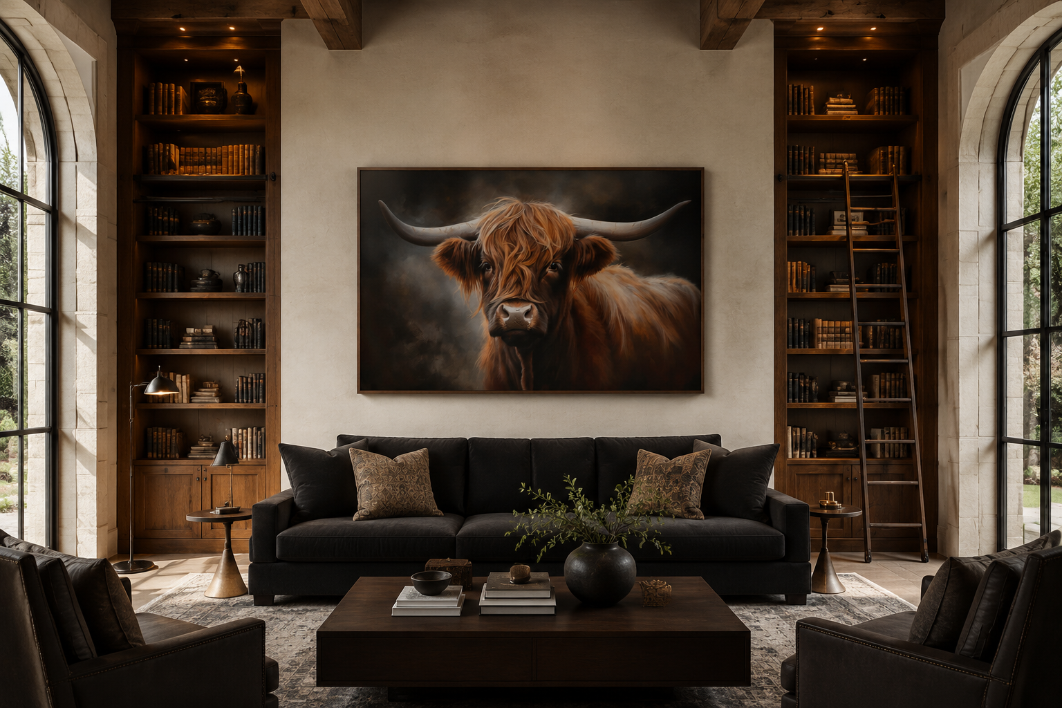 Dark Beautiful Highland Cow Framed Canvas Wall Art
