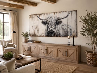 Highland Cow Wall Art - Rustic Farmhouse Decor Framed Canvas Print With Natural Wood Texture