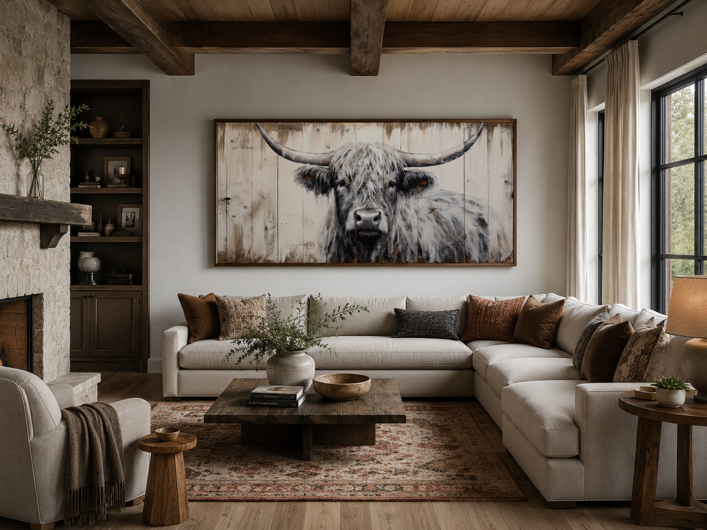 Highland Cow Wall Art - Rustic Farmhouse Decor Framed Canvas Print With Natural Wood Texture