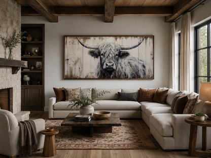 Highland Cow Wall Art - Rustic Farmhouse Decor Framed Canvas Print With Natural Wood Texture