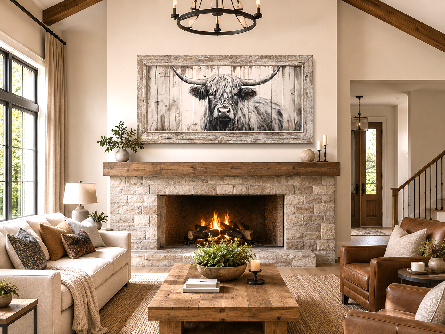 Highland Cow Wall Art - Rustic Farmhouse Decor Framed Canvas Print With Natural Wood Texture