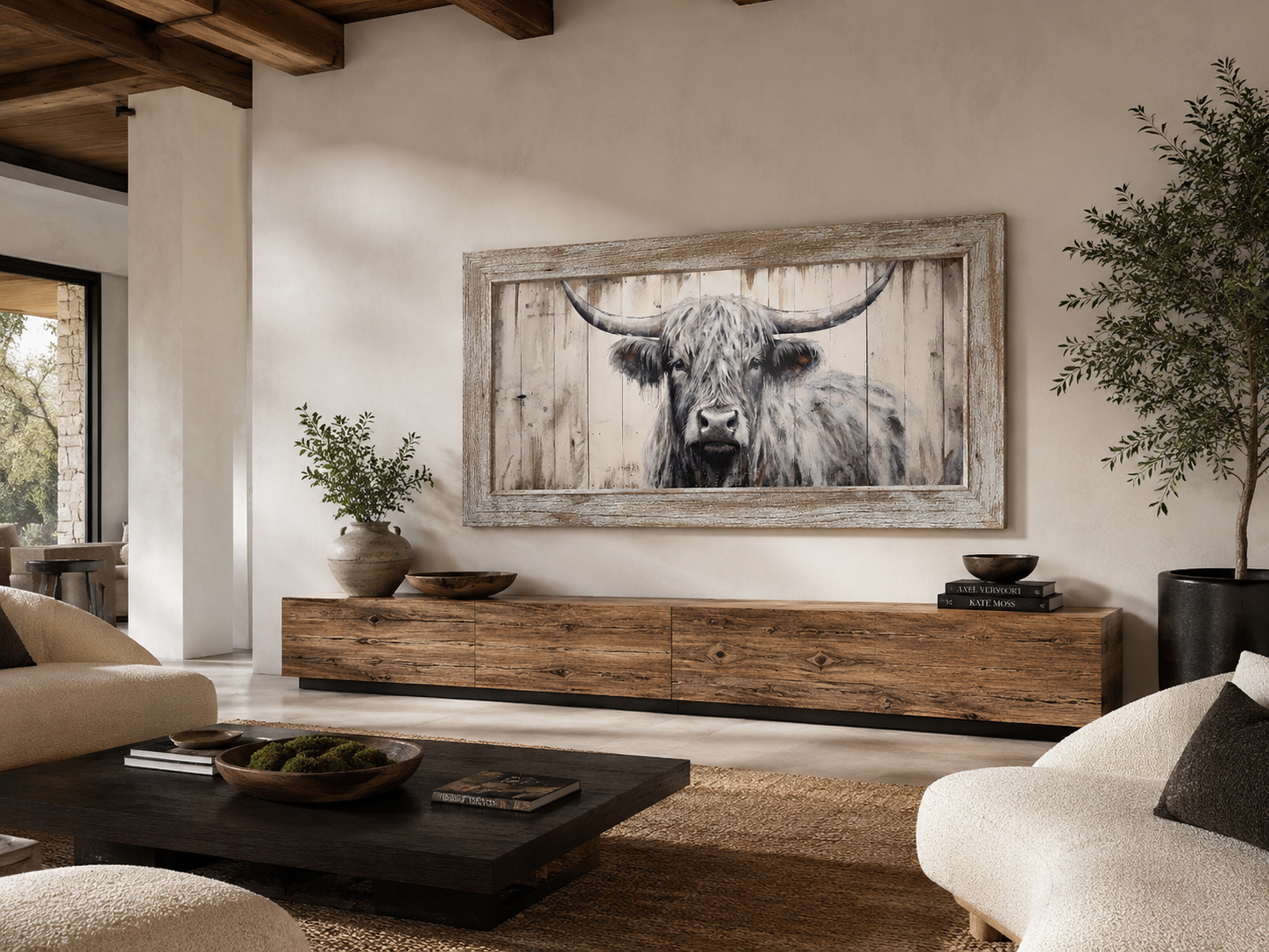 Highland Cow Wall Art - Rustic Farmhouse Decor Framed Canvas Print With Natural Wood Texture