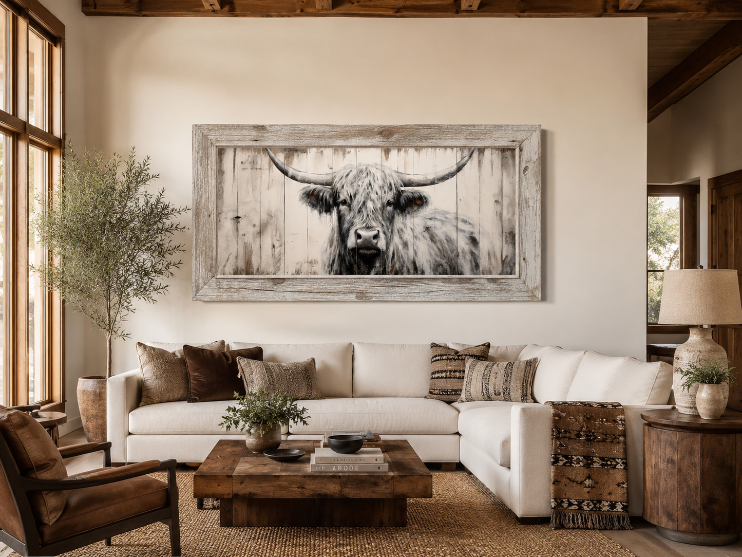 Highland Cow Wall Art - Rustic Farmhouse Decor Framed Canvas Print With Natural Wood Texture