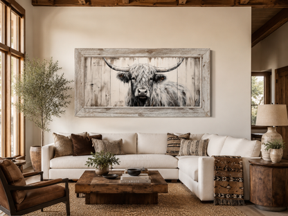 Highland Cow Wall Art - Rustic Farmhouse Decor Framed Canvas Print With Natural Wood Texture