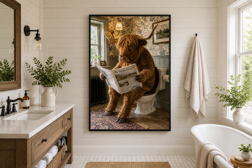 Highland Cow On The Toilet Reading Newspaper Picture Canvas Wall Art