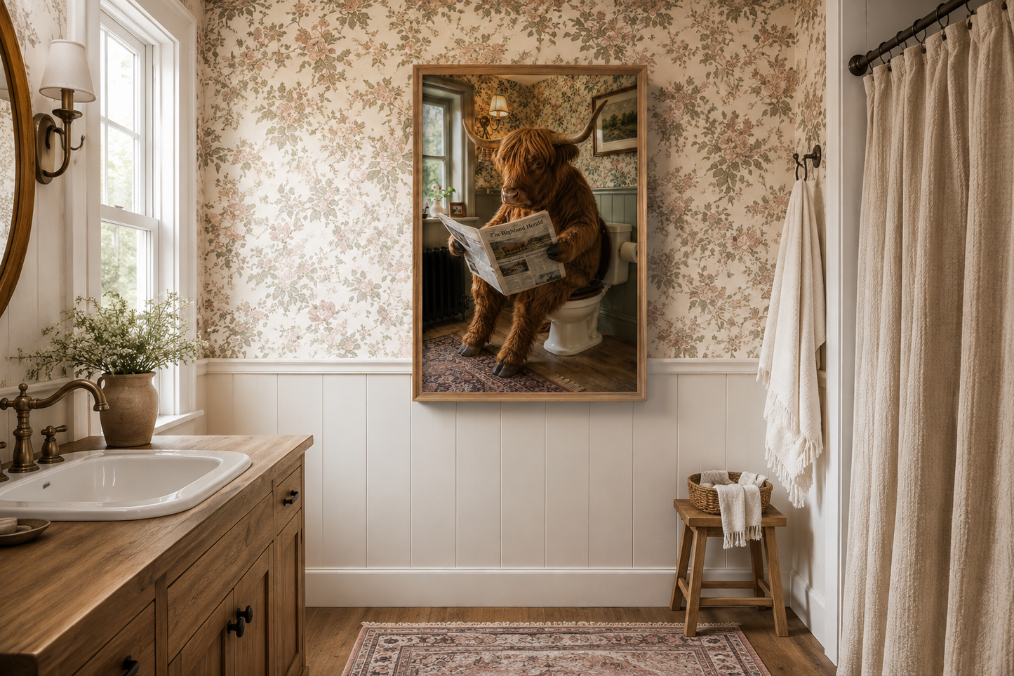 Highland Cow On The Toilet Reading Newspaper Picture Canvas Wall Art