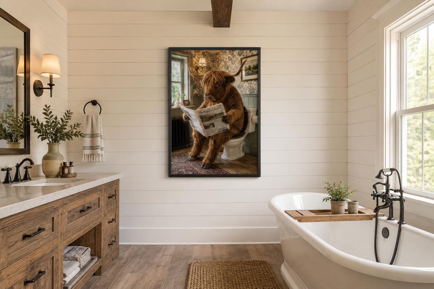 Highland Cow On The Toilet Reading Newspaper Picture Canvas Wall Art