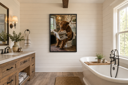 Highland Cow On The Toilet Reading Newspaper Picture Canvas Wall Art