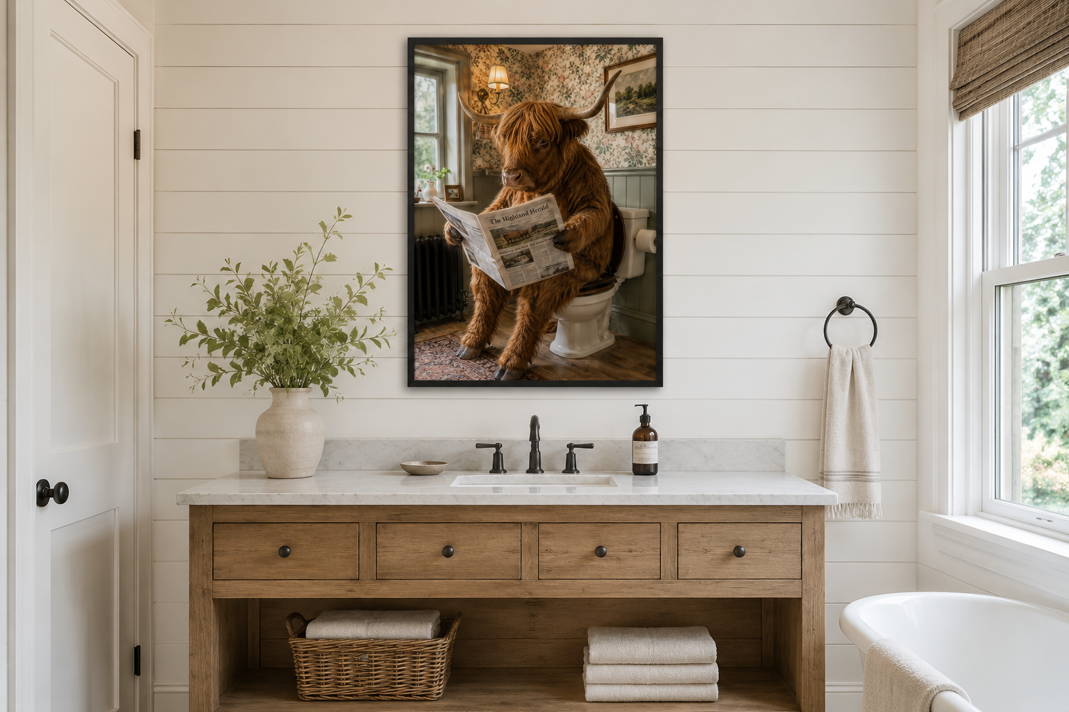 Highland Cow On The Toilet Reading Newspaper Picture Canvas Wall Art