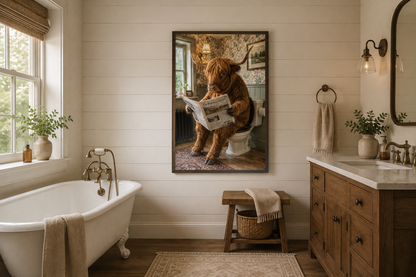 Highland Cow On The Toilet Reading Newspaper Picture Canvas Wall Art