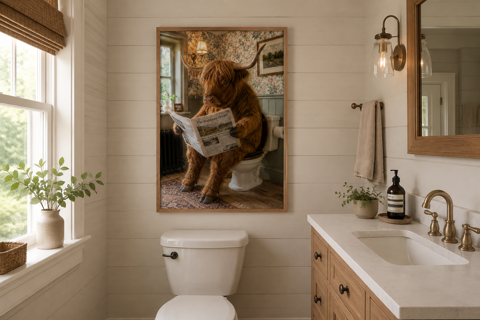 Highland Cow On The Toilet Reading Newspaper Picture Canvas Wall Art