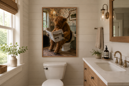 Highland Cow On The Toilet Reading Newspaper Picture Canvas Wall Art