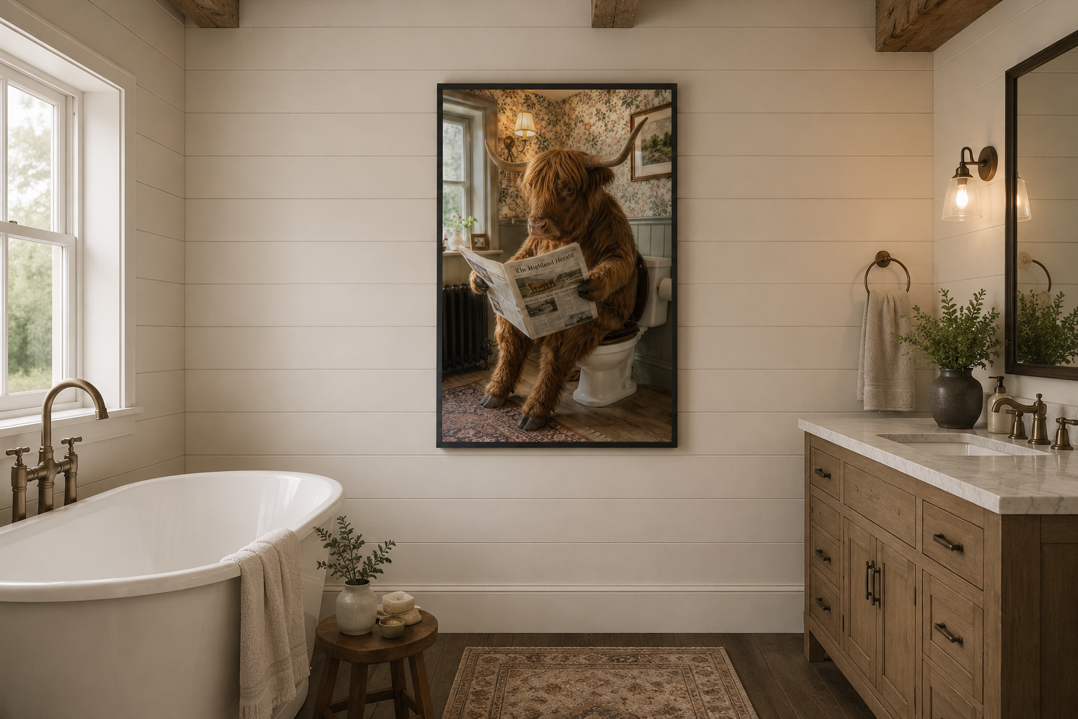 Highland Cow On The Toilet Reading Newspaper Picture Canvas Wall Art