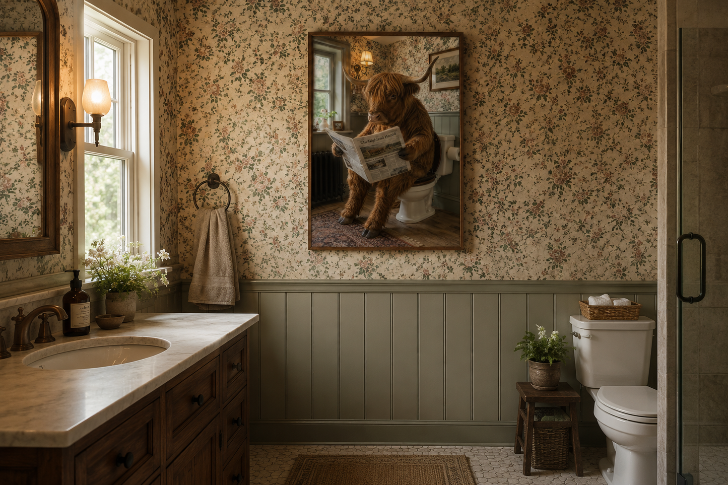 Highland Cow On The Toilet Reading Newspaper Picture Canvas Wall Art