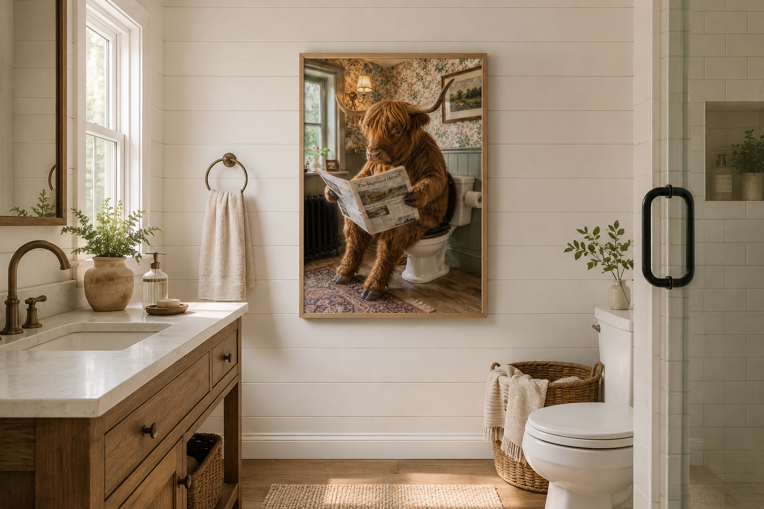 Highland Cow On The Toilet Reading Newspaper Picture Canvas Wall Art