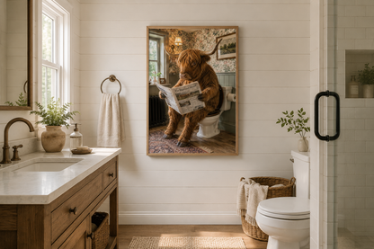 Highland Cow On The Toilet Reading Newspaper Picture Canvas Wall Art