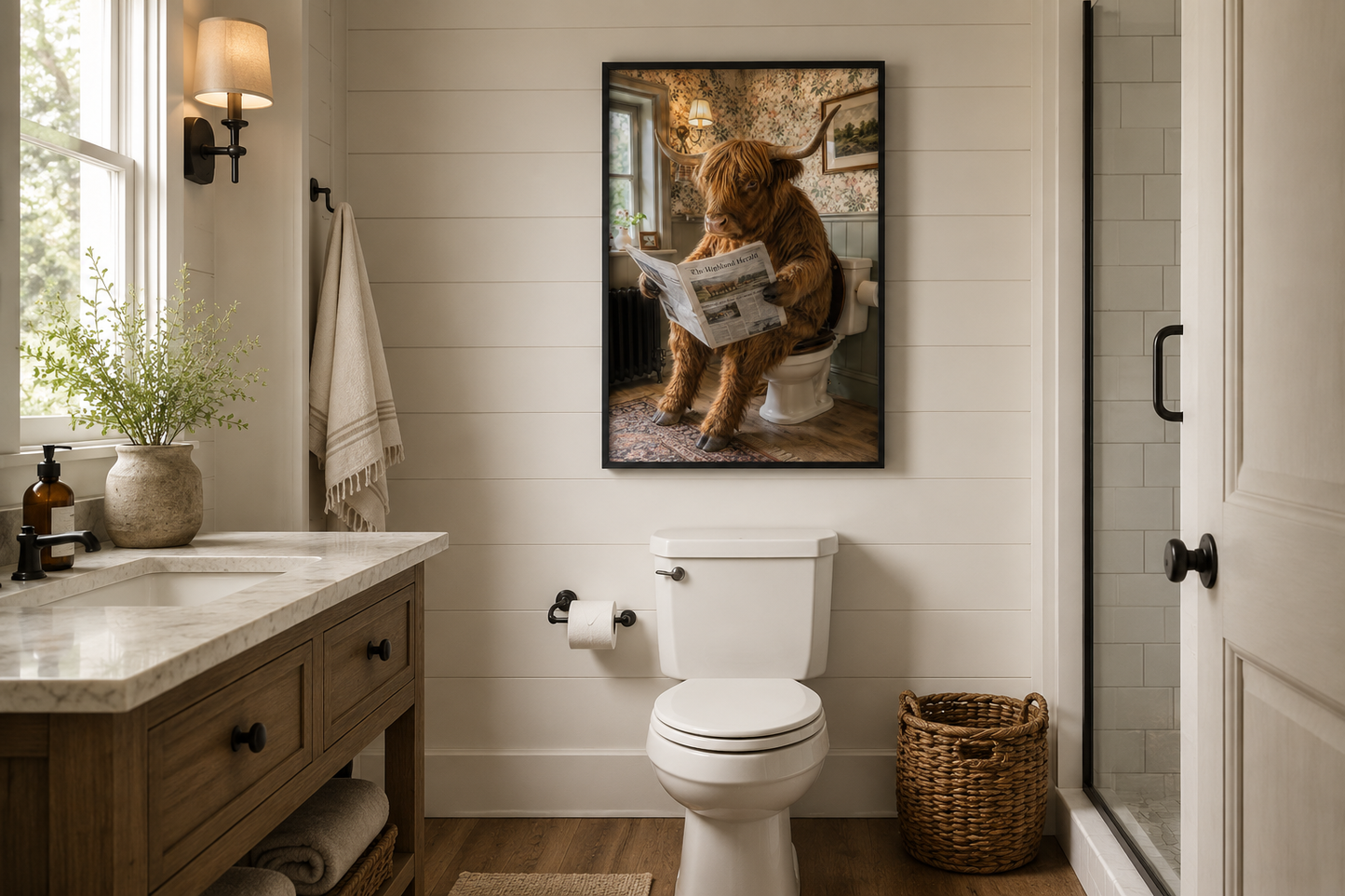 Highland Cow On The Toilet Reading Newspaper Picture Canvas Wall Art